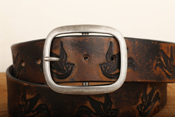 Sparrow Distressed Leather Belt | Handmade Full Grain Leather Western Belt | Vintage Bird Embossed Snap Belt