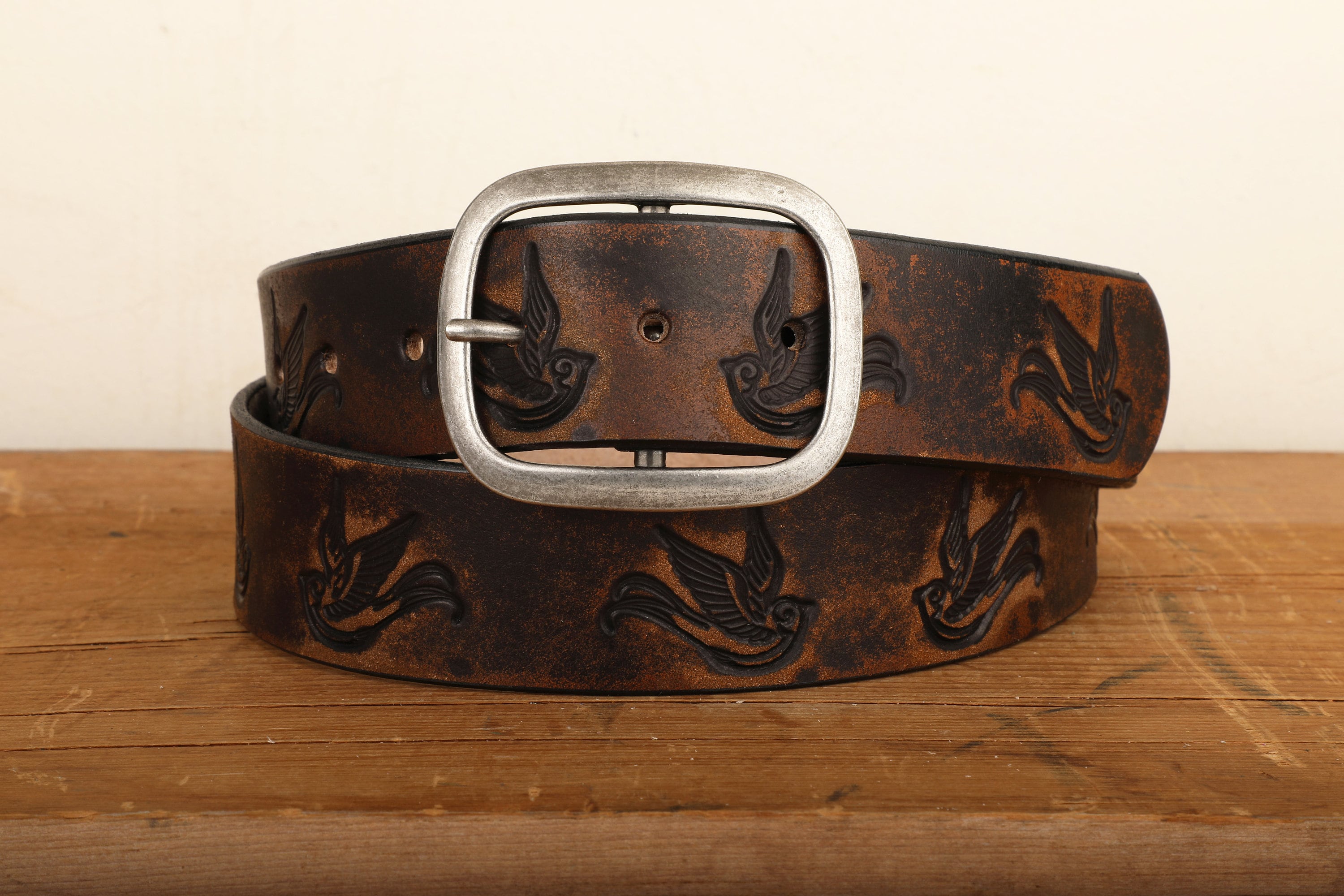 Sparrow Distressed Leather Belt | Handmade Full Grain Leather Western Belt | Vintage Bird Embossed Snap Belt