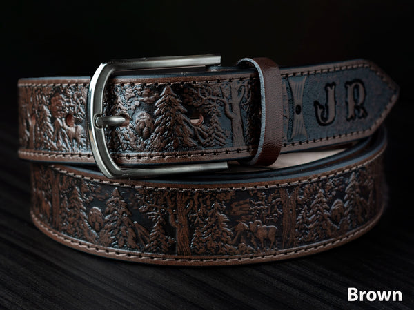 Personalized Leather Belt, Wildlife Leather Wildlife Scene Belt, Anniversary Gift for Him Grooms, Father gift, Gift for Dad