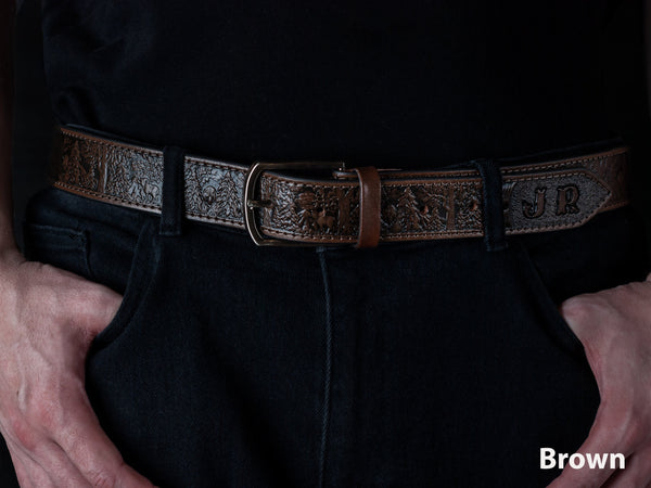 Personalized Leather Belt, Wildlife Leather Wildlife Scene Belt, Anniversary Gift for Him Grooms, Father gift, Gift for Dad