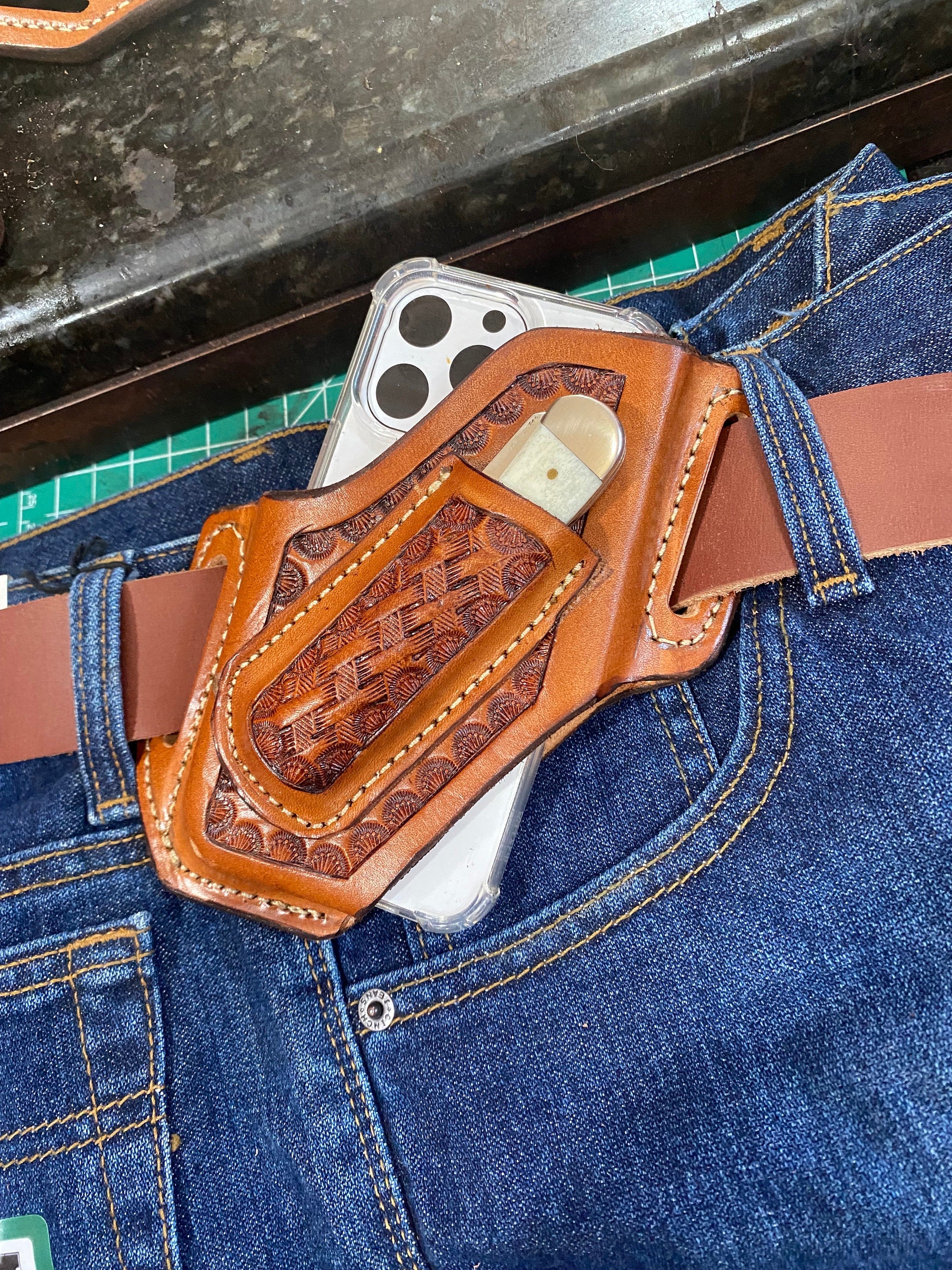 Custom leather cell phone/ trapper combo case