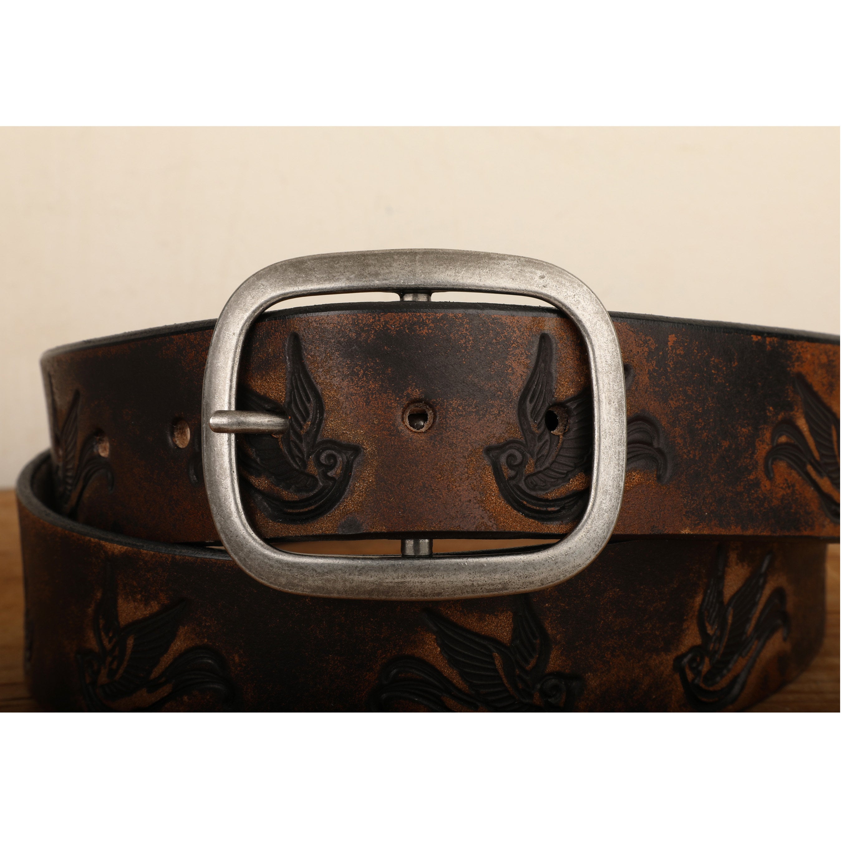 Sparrow Distressed Leather Belt | Handmade Full Grain Leather Western Belt | Vintage Bird Embossed Snap Belt