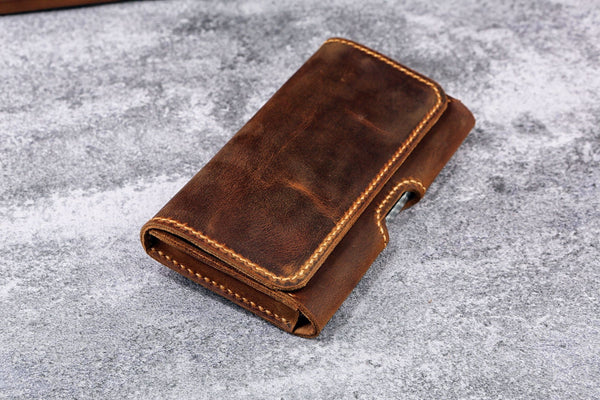 Personalized leather cell phone holster , belt clip on phone case for iPhone 17 16 15 14 13 Pro , brown leather iPhone holster Z03-IP05HS