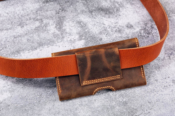 Personalized leather cell phone holster , belt clip on phone case for iPhone 17 16 15 14 13 Pro , brown leather iPhone holster Z03-IP05HS