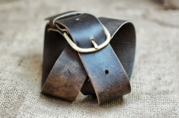 Plain Leather Belt - Distressed Leather Belt with Brass Hardware - Simple Rugged Men Gift for Guys