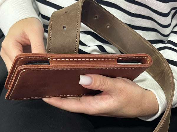 Handmade Leather Phone Holster, Hand-Stitched Belt Case, Crazy Horse Leather, Metal Clip, Custom Size