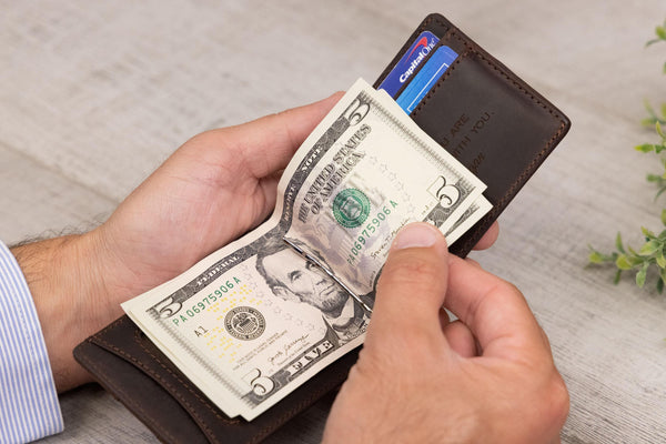Mens Personalized Slim Leather Wallet With Money Clip, RFID Blocking Card Holder