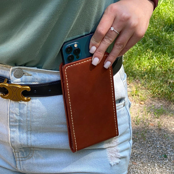 Handmade Leather Phone Holster, Hand-Stitched Belt Case, Crazy Horse Leather, Metal Clip, Custom Size