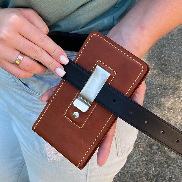 Handmade Leather Phone Holster, Hand-Stitched Belt Case, Crazy Horse Leather, Metal Clip, Custom Size