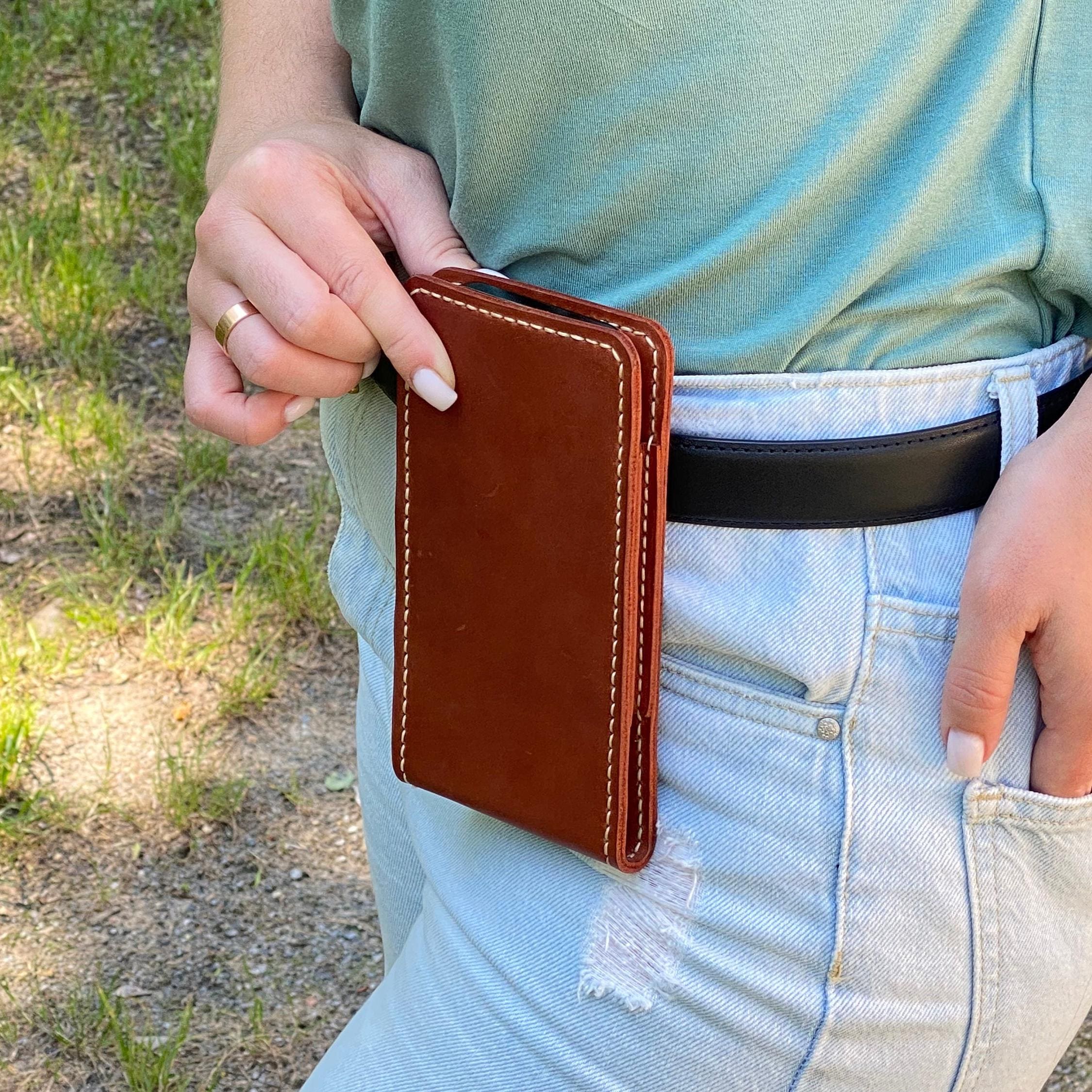 Handmade Leather Phone Holster, Hand-Stitched Belt Case, Crazy Horse Leather, Metal Clip, Custom Size
