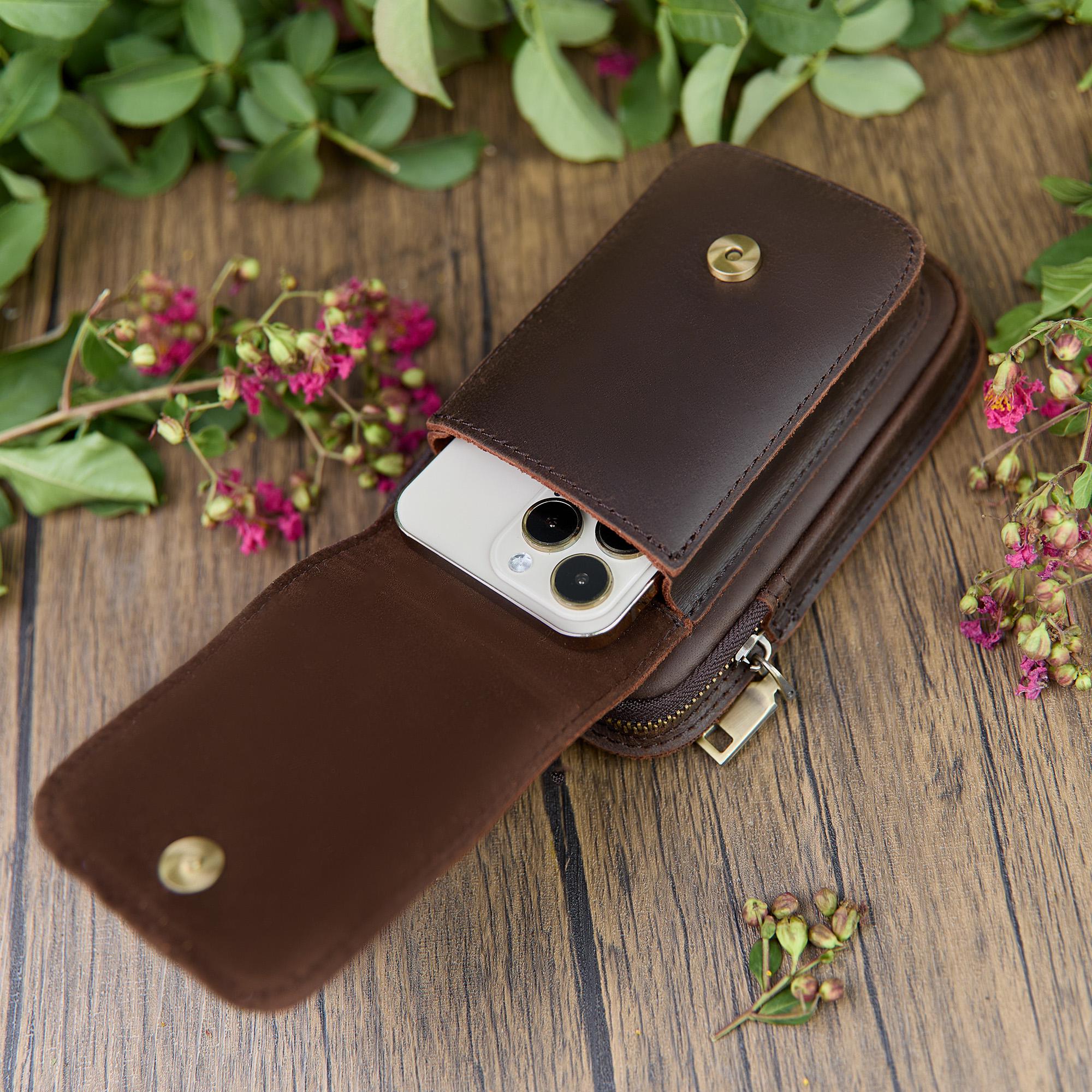 Personalized Leather Phone Belt Pouch, Retro Hiking Waist Bag