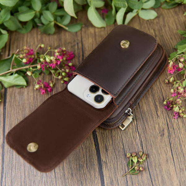 Personalized Leather Phone Belt Pouch, Retro Hiking Waist Bag