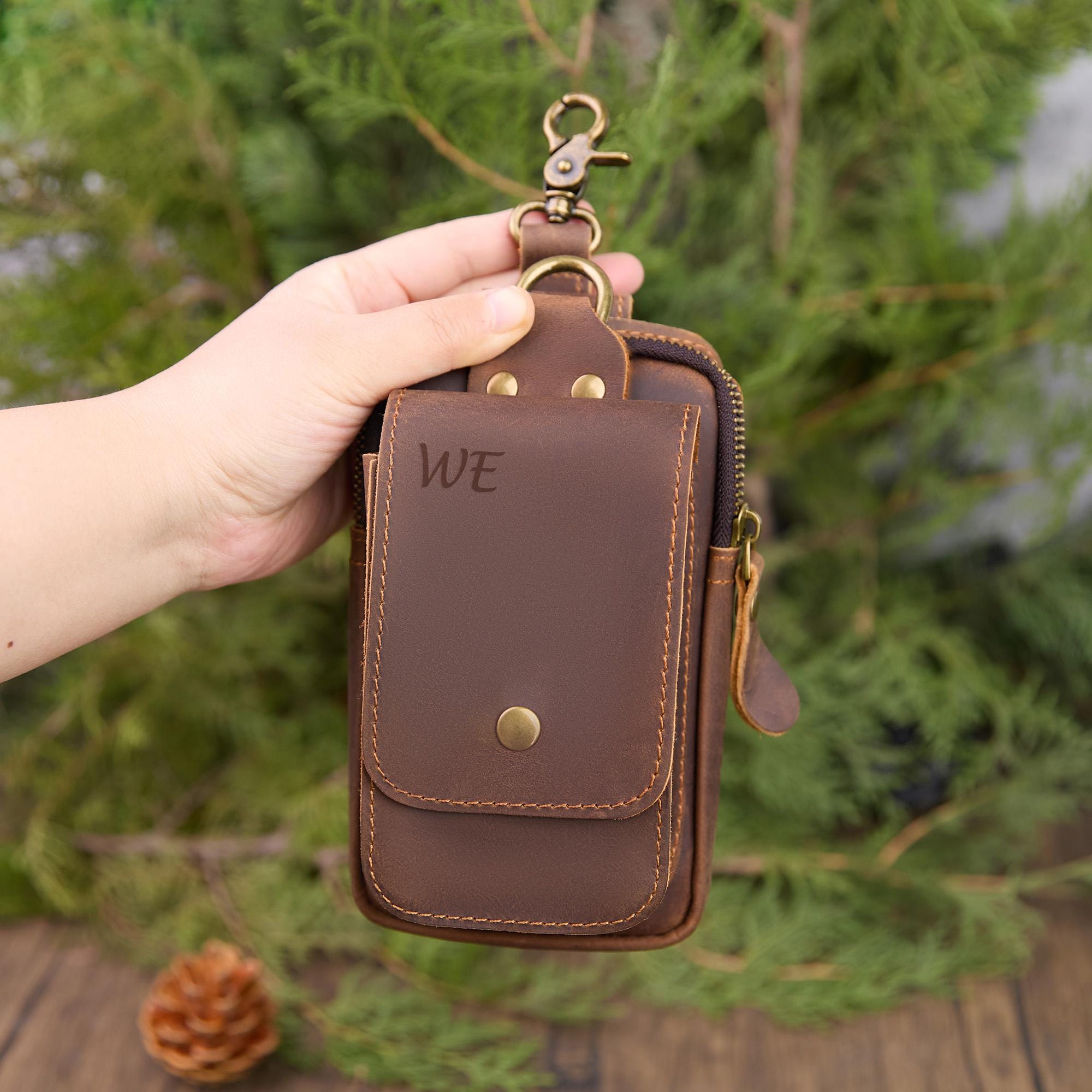 Personalized Leather Phone Belt Pouch, Retro Hiking Waist Bag