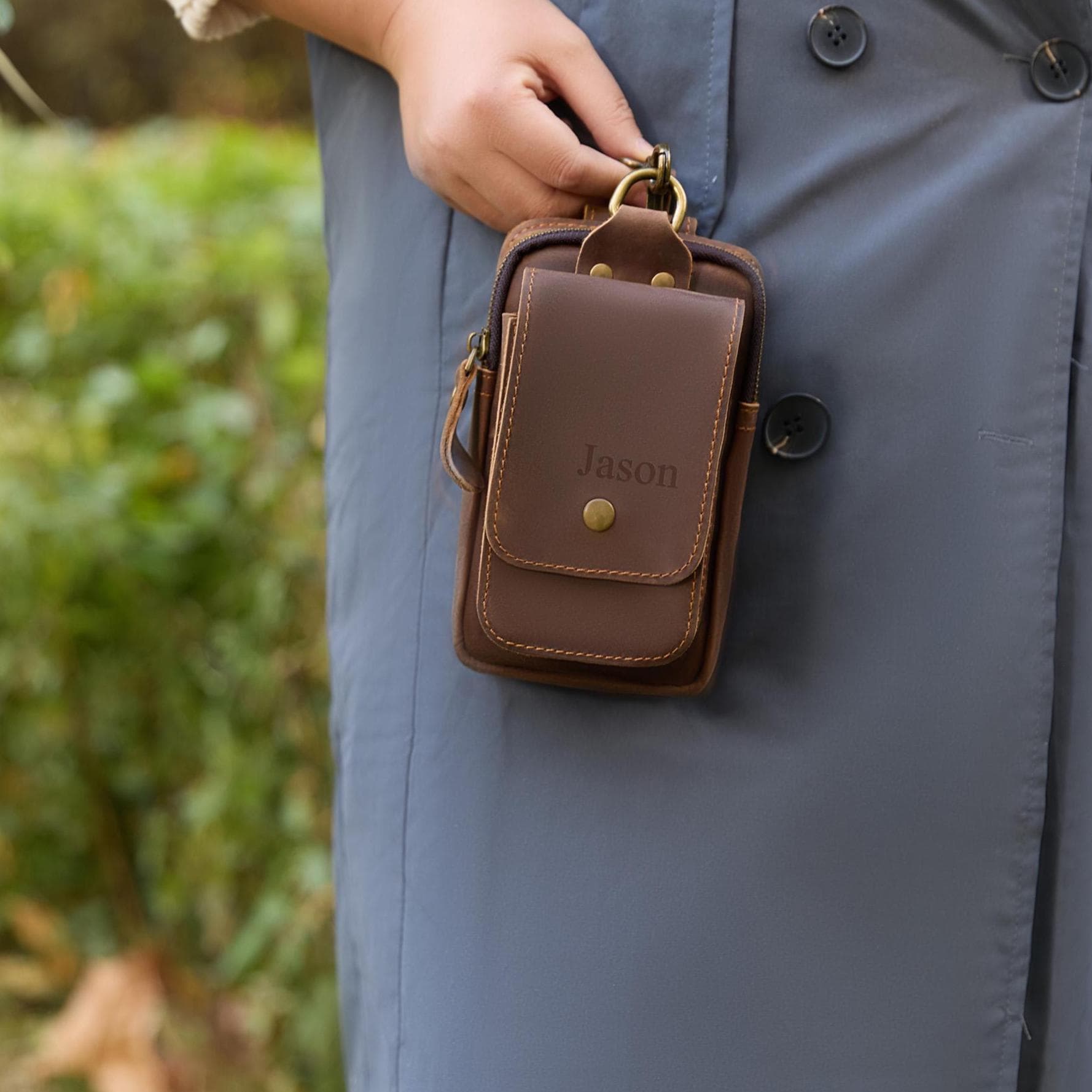 Personalized Leather Phone Belt Pouch, Retro Hiking Waist Bag