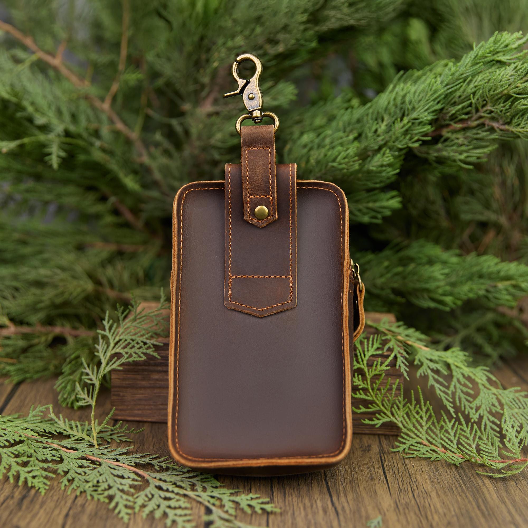 Personalized Leather Phone Belt Pouch, Retro Hiking Waist Bag