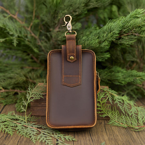 Personalized Leather Phone Belt Pouch, Retro Hiking Waist Bag