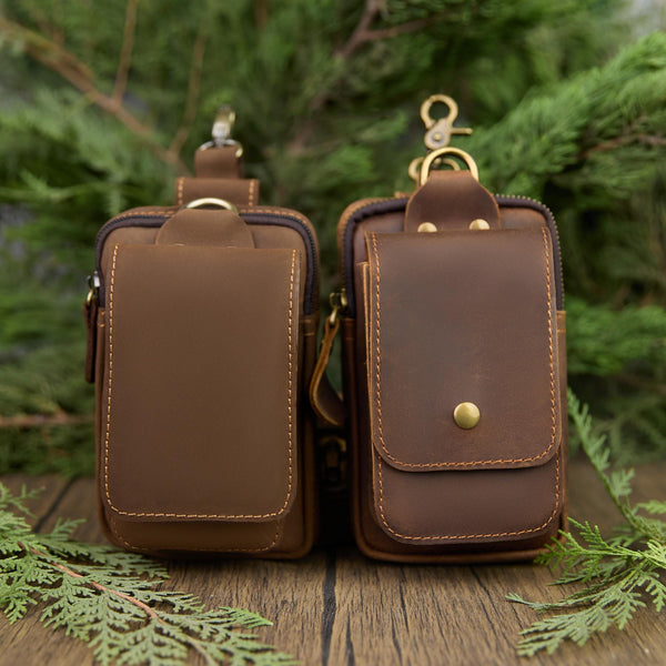 Personalized Leather Phone Belt Pouch, Retro Hiking Waist Bag
