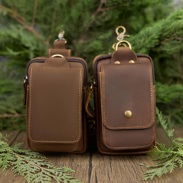Personalized Leather Phone Belt Pouch, Retro Hiking Waist Bag