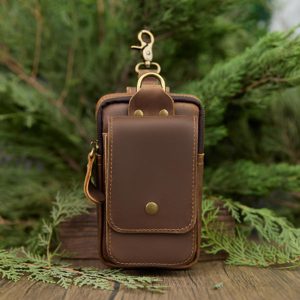 Personalized Leather Phone Belt Pouch, Retro Hiking Waist Bag