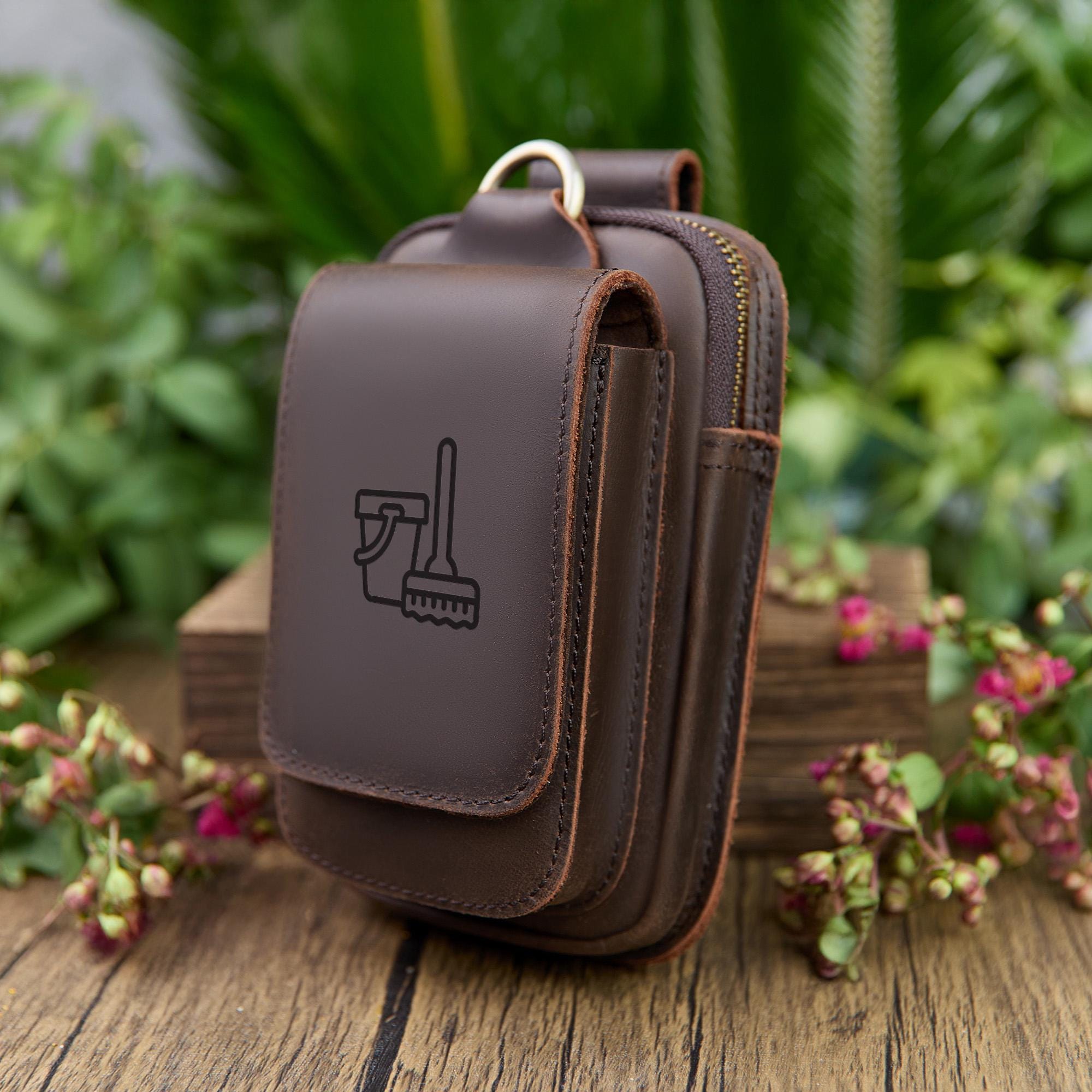 Personalized Leather Phone Belt Pouch, Retro Hiking Waist Bag