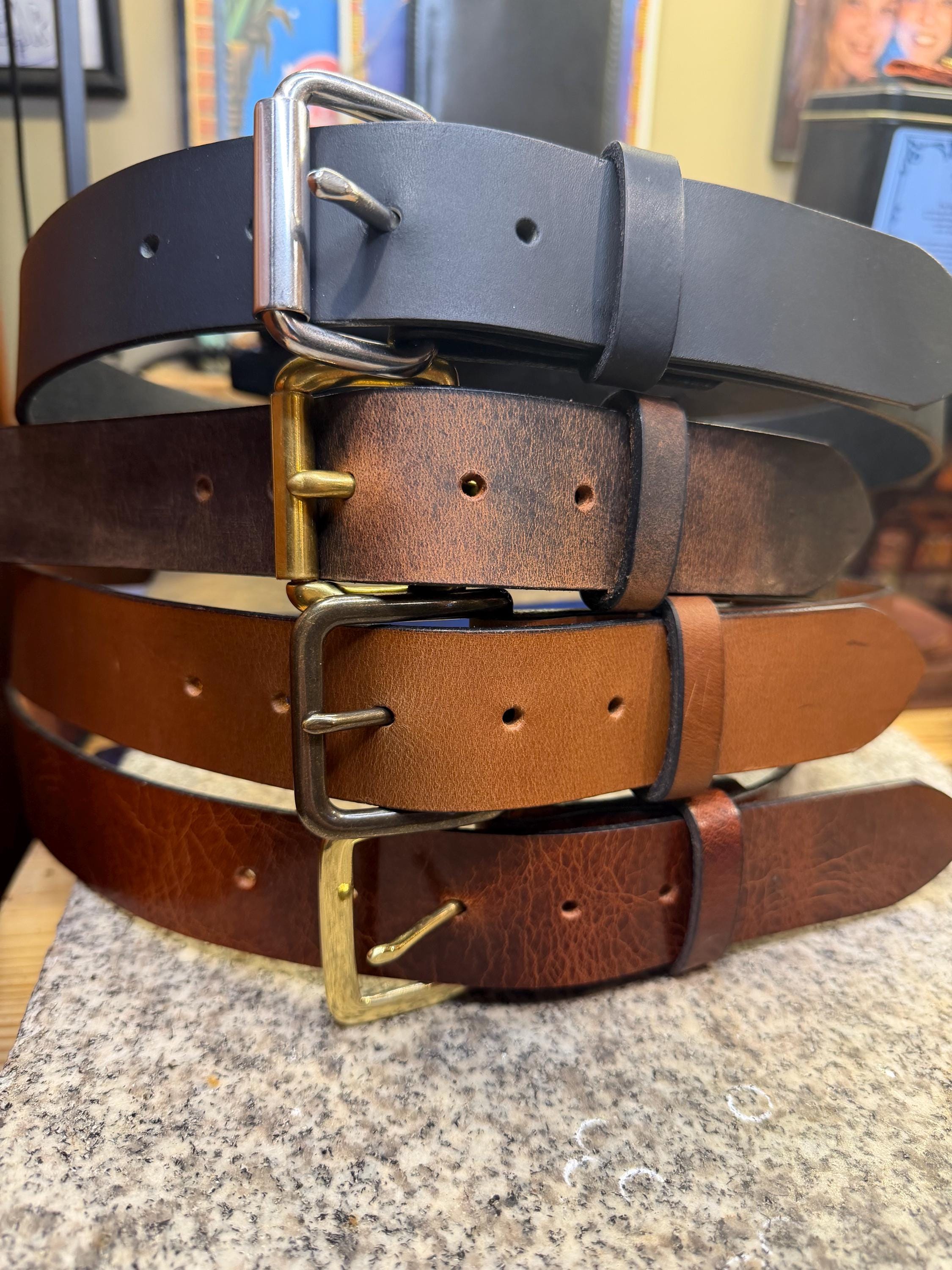 Handmade Leather Belt for Men, 1.5” Full Grain Buffalo Leather, Changeable Buckle, Made in USA