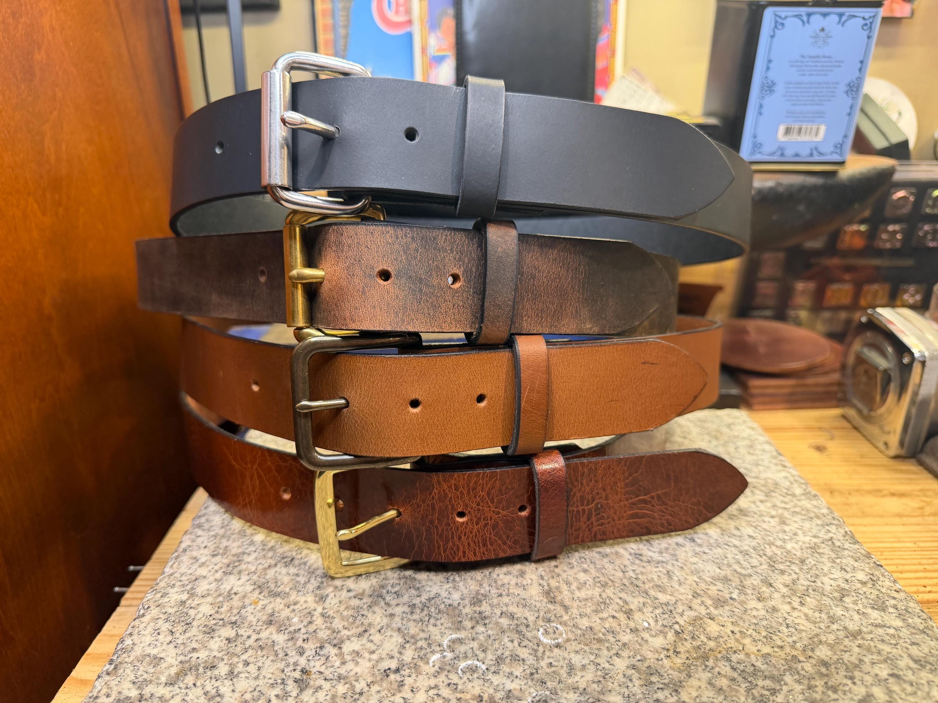 Handmade Leather Belt for Men, 1.5” Full Grain Buffalo Leather, Changeable Buckle, Made in USA