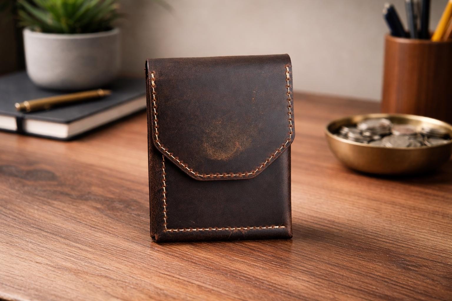 Personalized Full Grain Leather Cash Wallet for Men, Slim Front Pocket Card Holder, Handmade Minimalist Magnetic Flap Wallet, Gift for Him