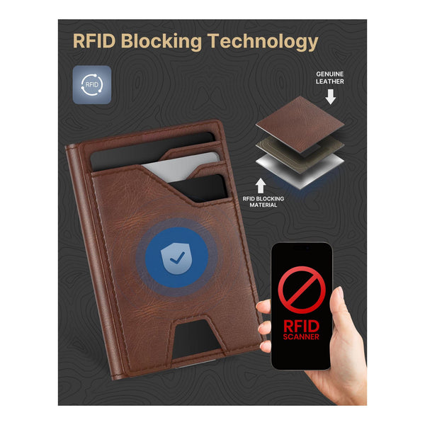 Slim Leather Front Pocket Wallet – Minimalist Card Holder with Money Clip, RFID Protection