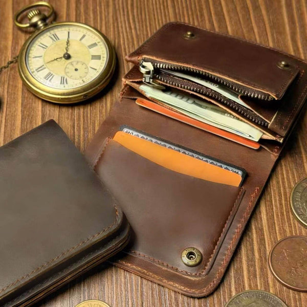 Bifold Leather Wallet Men, 4 Card Slots Zippered Coin Pocket, Crazy Horse Leather, Slim Front Pocket Wallet, RFID Blocking