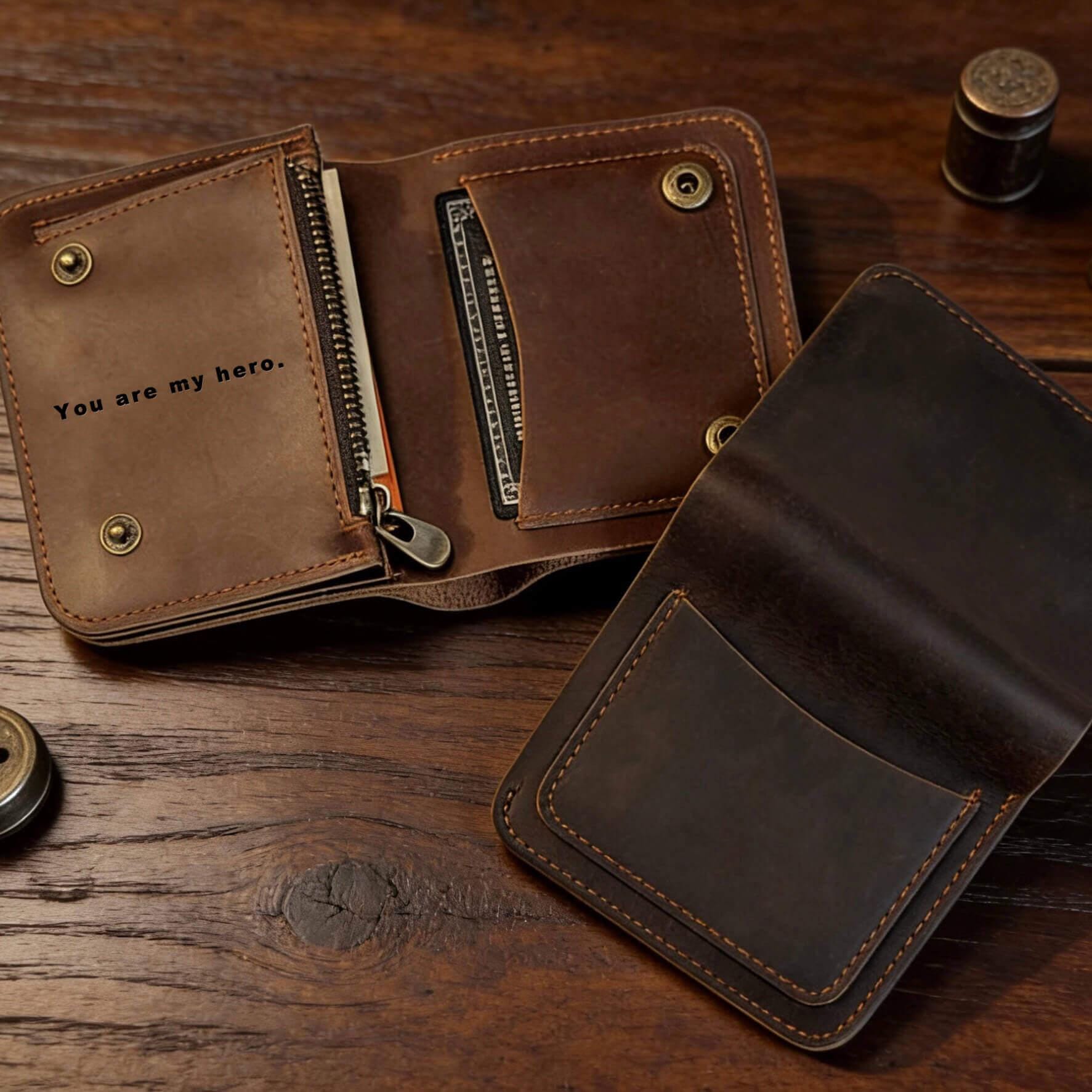 Bifold Leather Wallet Men, 4 Card Slots Zippered Coin Pocket, Crazy Horse Leather, Slim Front Pocket Wallet, RFID Blocking