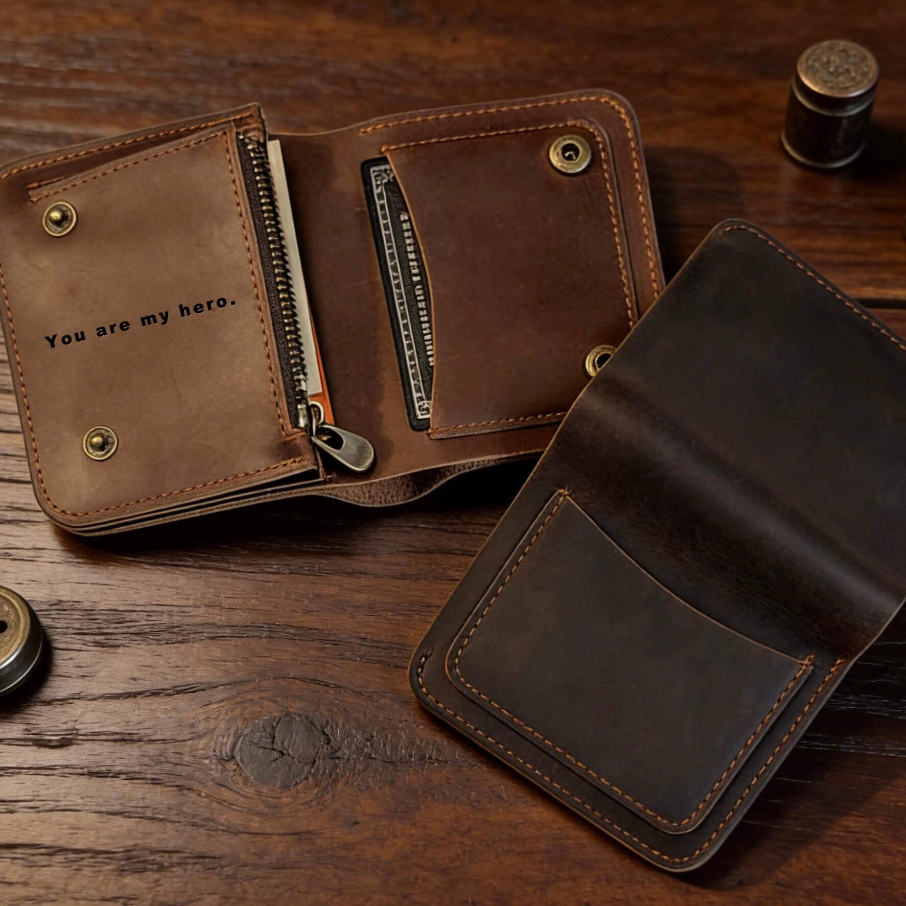 Bifold Leather Wallet Men, 4 Card Slots Zippered Coin Pocket, Crazy Horse Leather, Slim Front Pocket Wallet, RFID Blocking