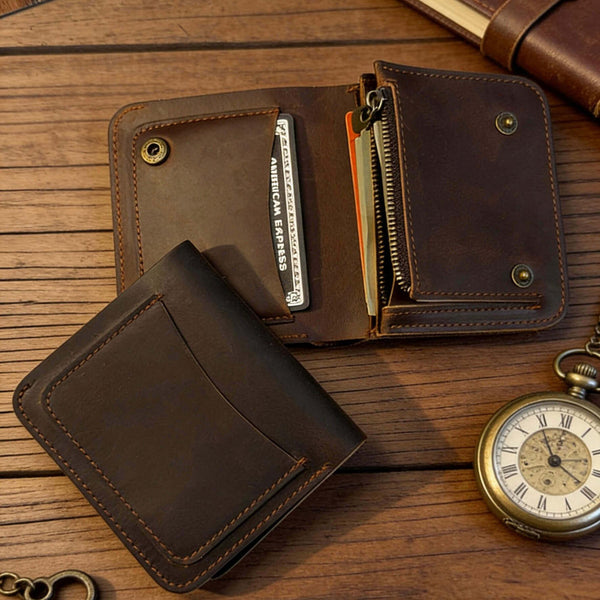 Bifold Leather Wallet Men, 4 Card Slots Zippered Coin Pocket, Crazy Horse Leather, Slim Front Pocket Wallet, RFID Blocking