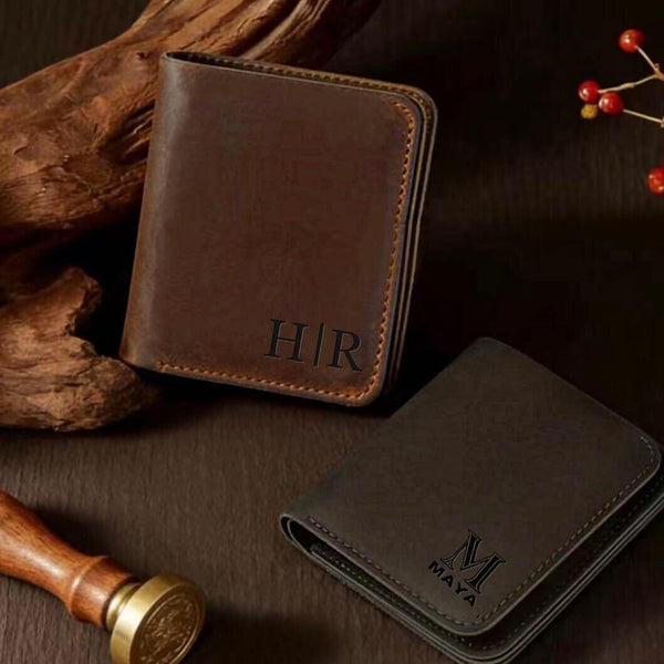 Bifold Leather Wallet Men, 4 Card Slots Zippered Coin Pocket, Crazy Horse Leather, Slim Front Pocket Wallet, RFID Blocking