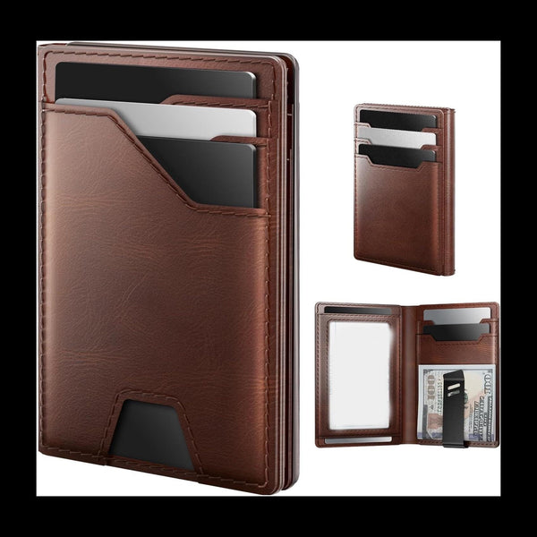 Slim Leather Front Pocket Wallet – Minimalist Card Holder with Money Clip, RFID Protection