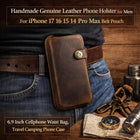 Handmade Genuine Leather Phone Holster for Men, iPhone 17 16 15 14 Pro Max Belt Pouch, 6.9 Inch Cellphone Waist Bag,Travel Camping PhoneCase