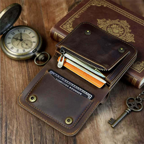 Bifold Leather Wallet Men, 4 Card Slots Zippered Coin Pocket, Crazy Horse Leather, Slim Front Pocket Wallet, RFID Blocking