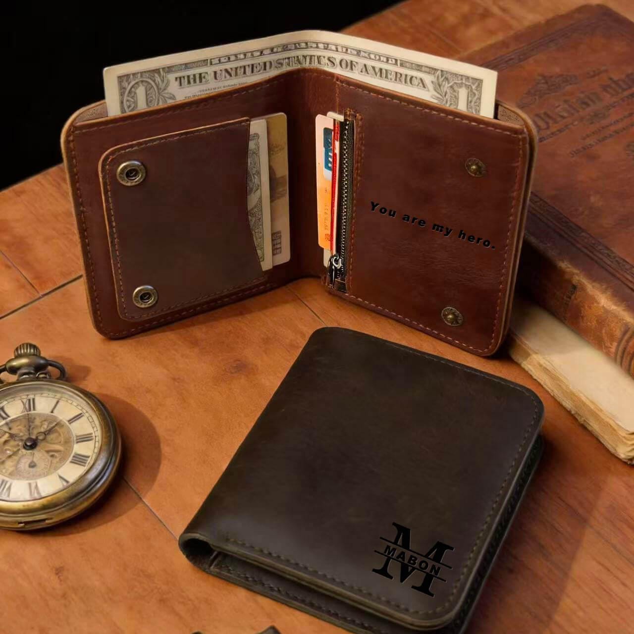 Bifold Leather Wallet Men, 4 Card Slots Zippered Coin Pocket, Crazy Horse Leather, Slim Front Pocket Wallet, RFID Blocking