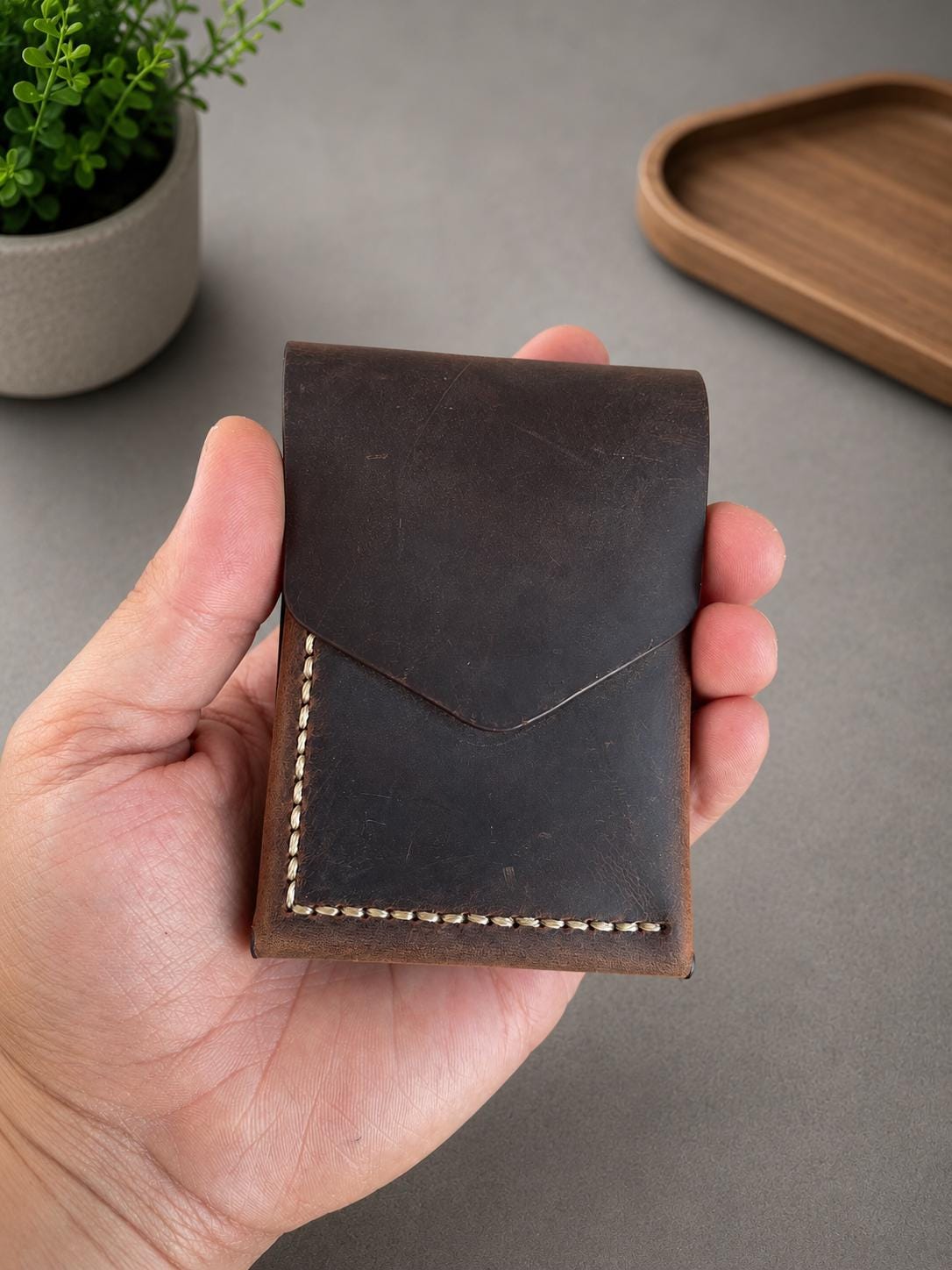 Leather Cash Wallet, Personalized Minimalist Leather Flap Wallet for Men, Slim Front Pocket Wallet, Gift For Father, Husband, Boyfriend, Dad