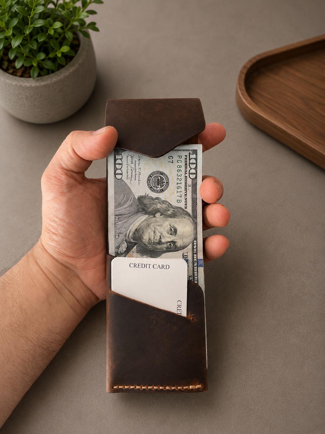 Leather Cash Wallet, Personalized Minimalist Leather Flap Wallet for Men, Slim Front Pocket Wallet, Gift For Father, Husband, Boyfriend, Dad