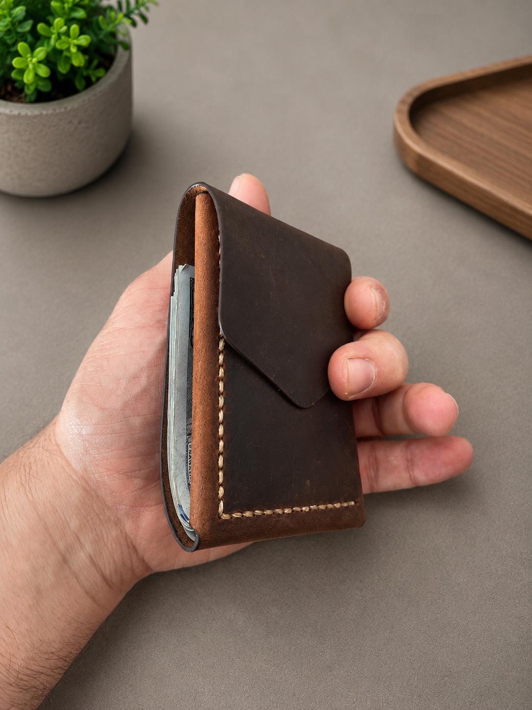 Leather Cash Wallet, Personalized Minimalist Leather Flap Wallet for Men, Slim Front Pocket Wallet, Gift For Father, Husband, Boyfriend, Dad