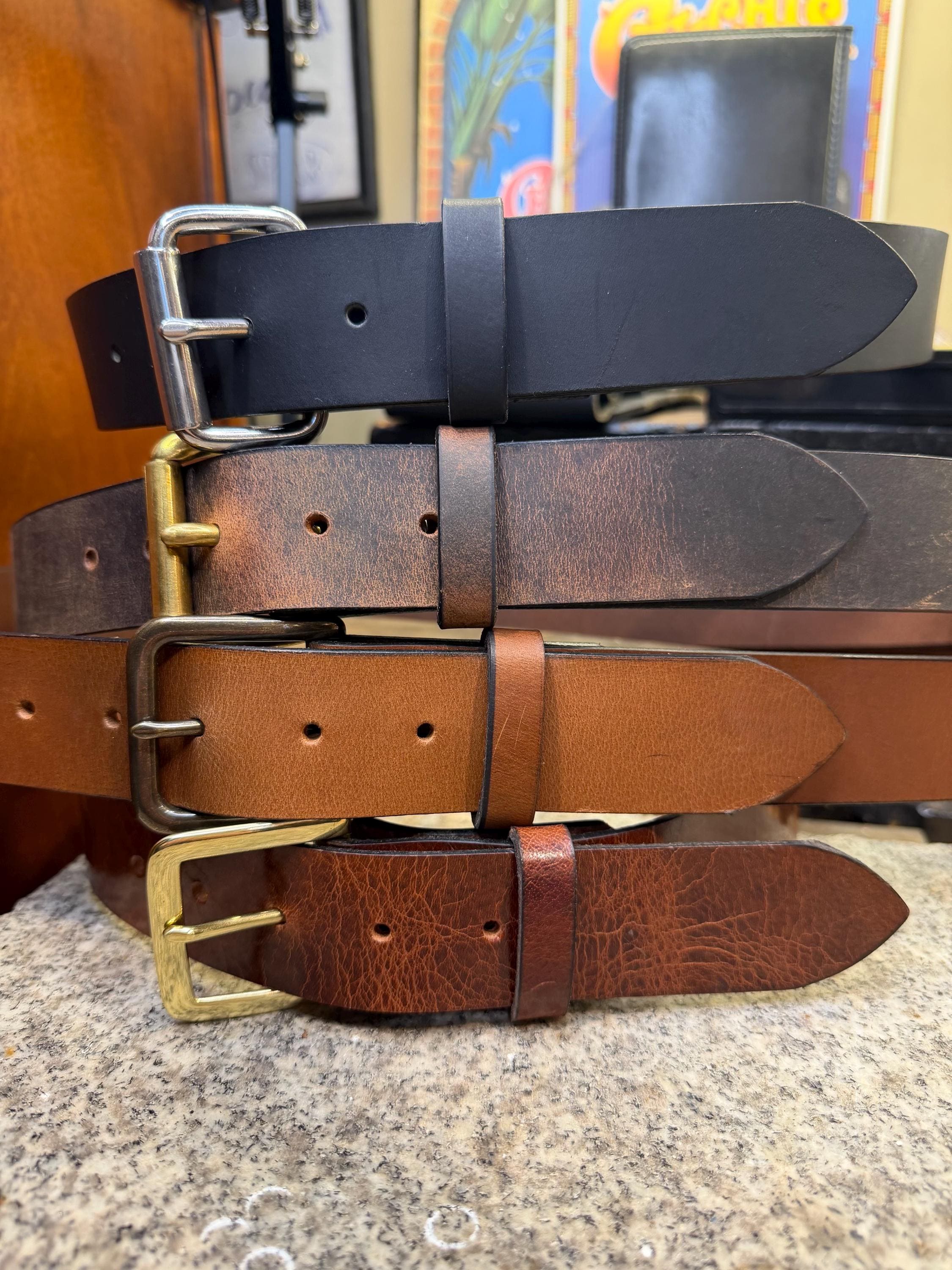 Handmade Leather Belt for Men, 1.5” Full Grain Buffalo Leather, Changeable Buckle, Made in USA