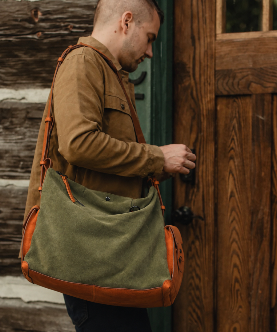 Olive Green Leather Pocket Crossbody Bag - lifestyle view 1