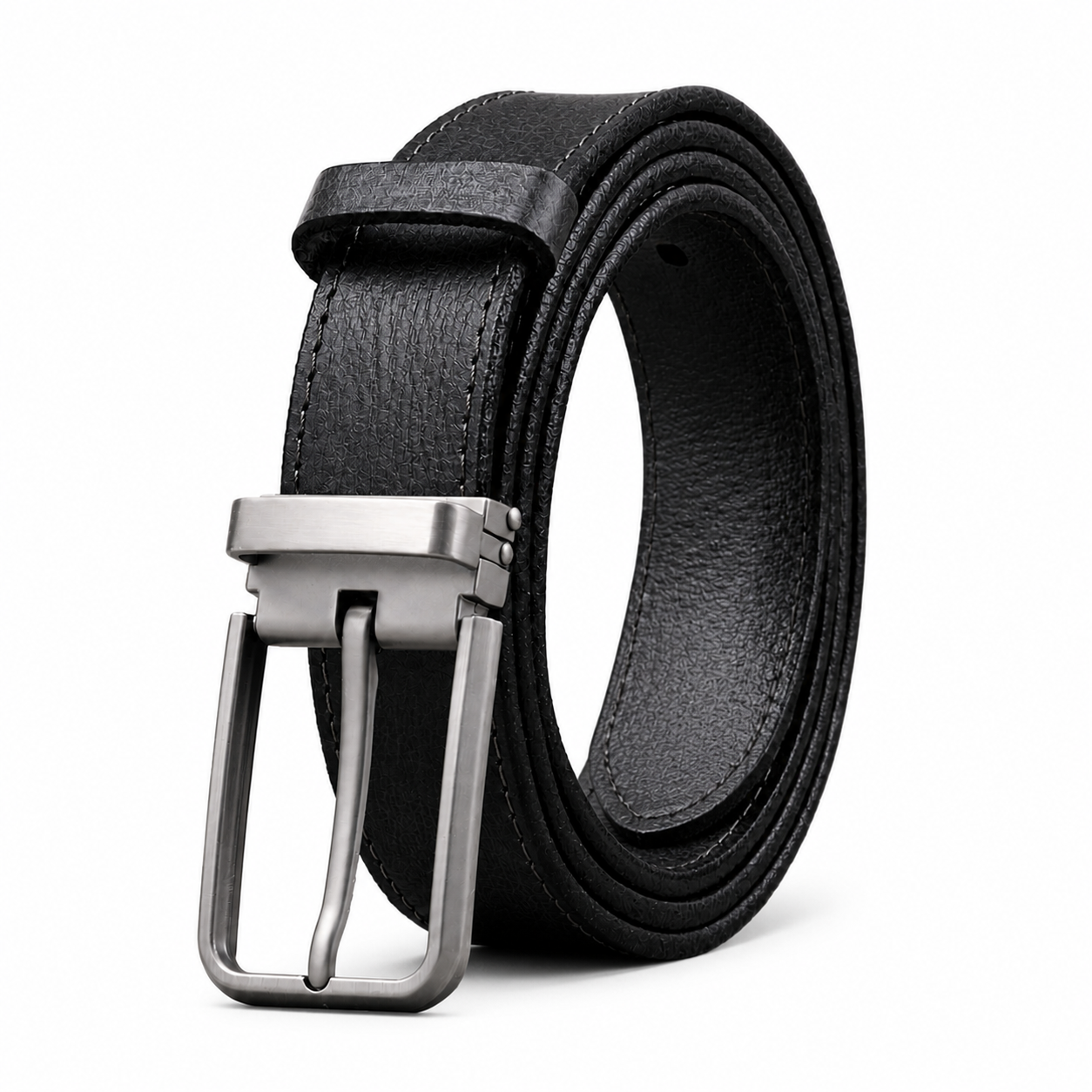 Black full-grain leather belt with brushed silver pin buckle, rolled hero view
