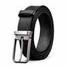 Black full-grain leather belt with brushed silver pin buckle, rolled hero view