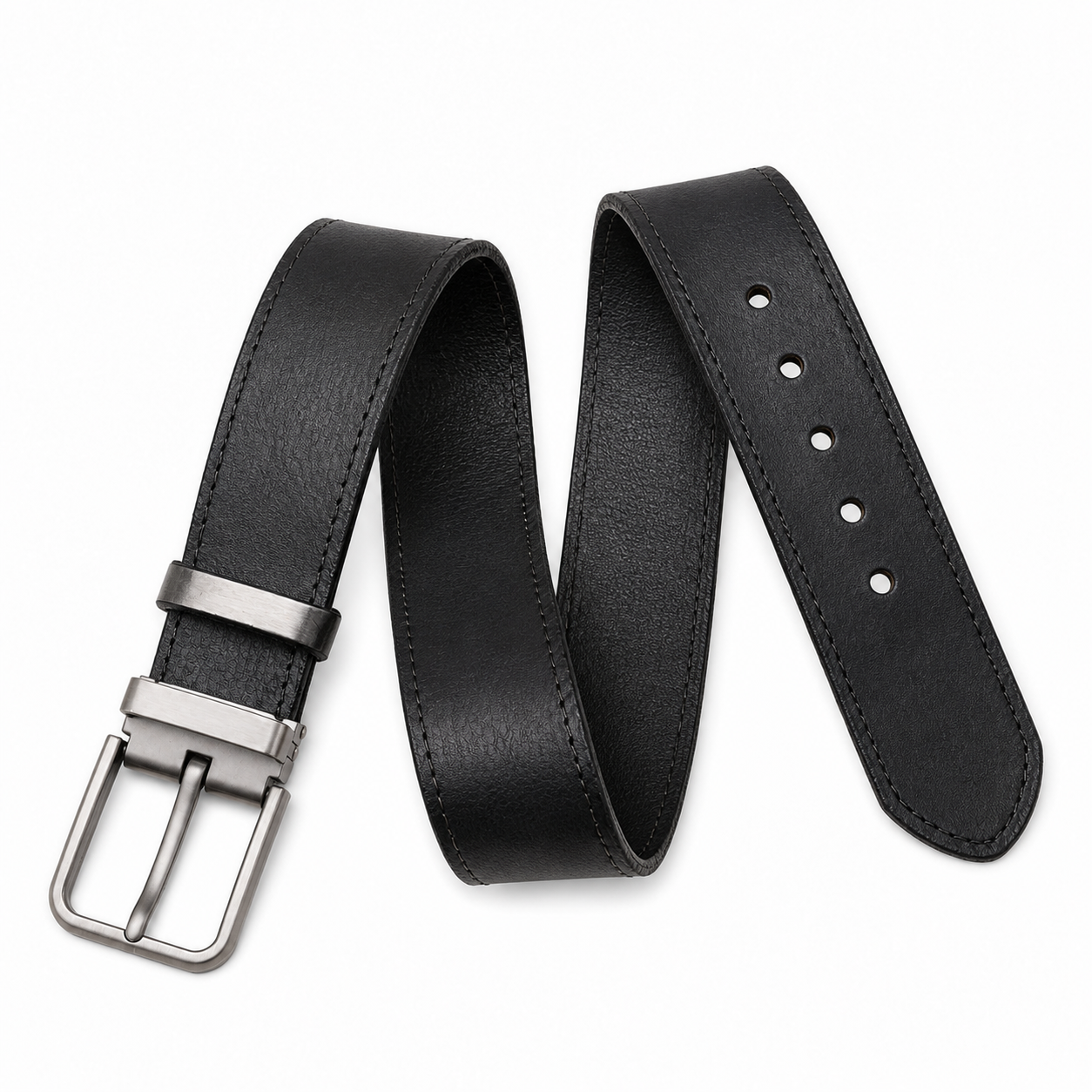 Black full-grain leather belt with brushed silver pin buckle, complete five-hole view