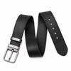 Black full-grain leather belt with brushed silver pin buckle, complete five-hole view