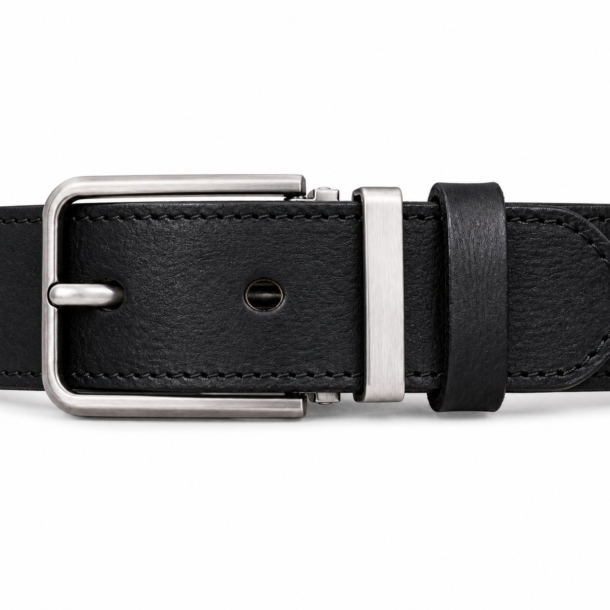 Black full-grain leather belt, brushed silver pin buckle and dual keeper detail