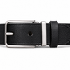 Black full-grain leather belt, brushed silver pin buckle and dual keeper detail