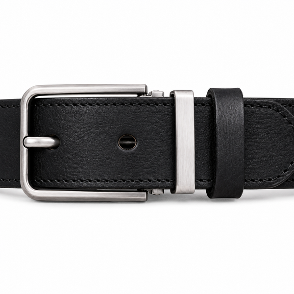 Black full-grain leather belt, brushed silver pin buckle and dual keeper detail