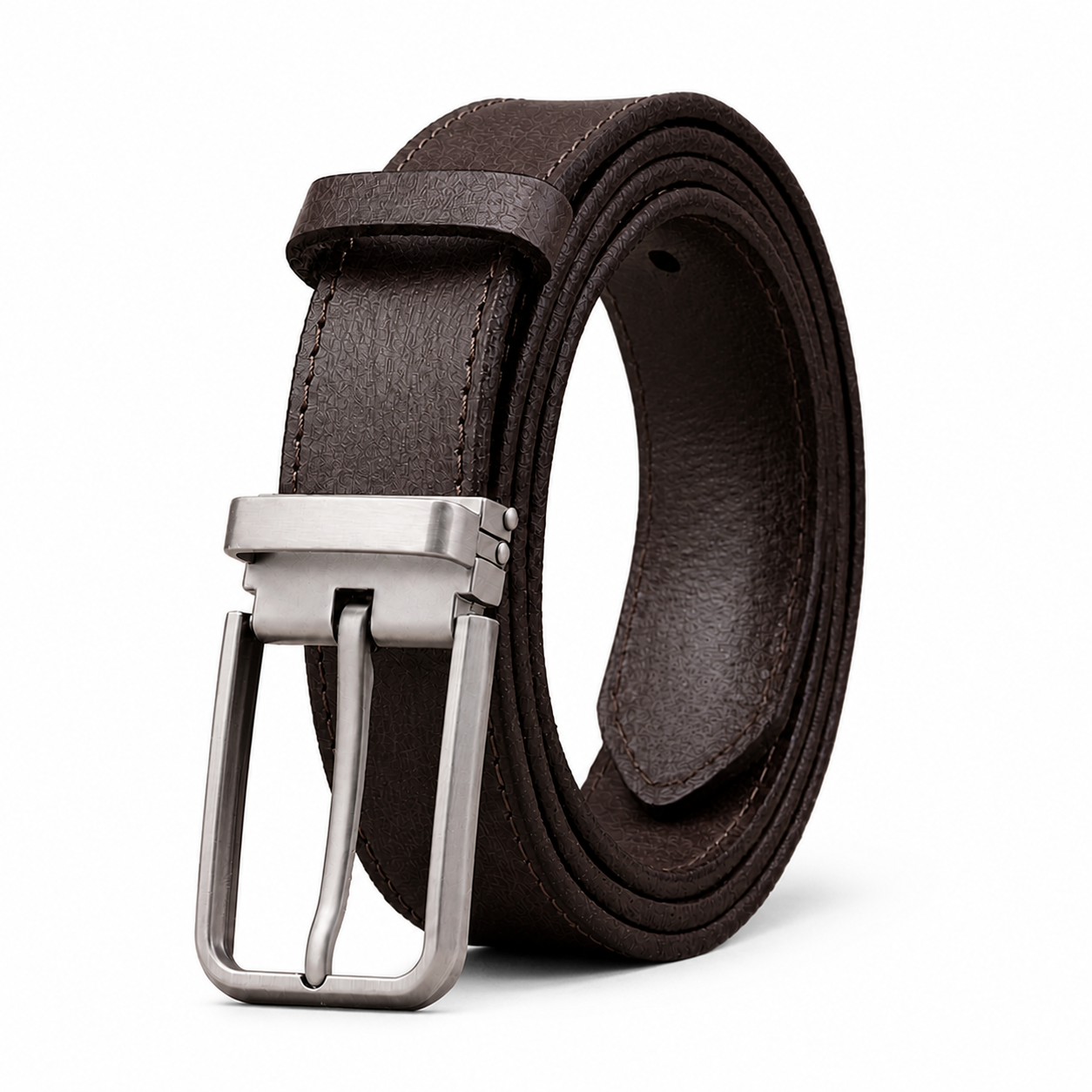 Coffee full-grain leather belt with brushed silver pin buckle, rolled hero view